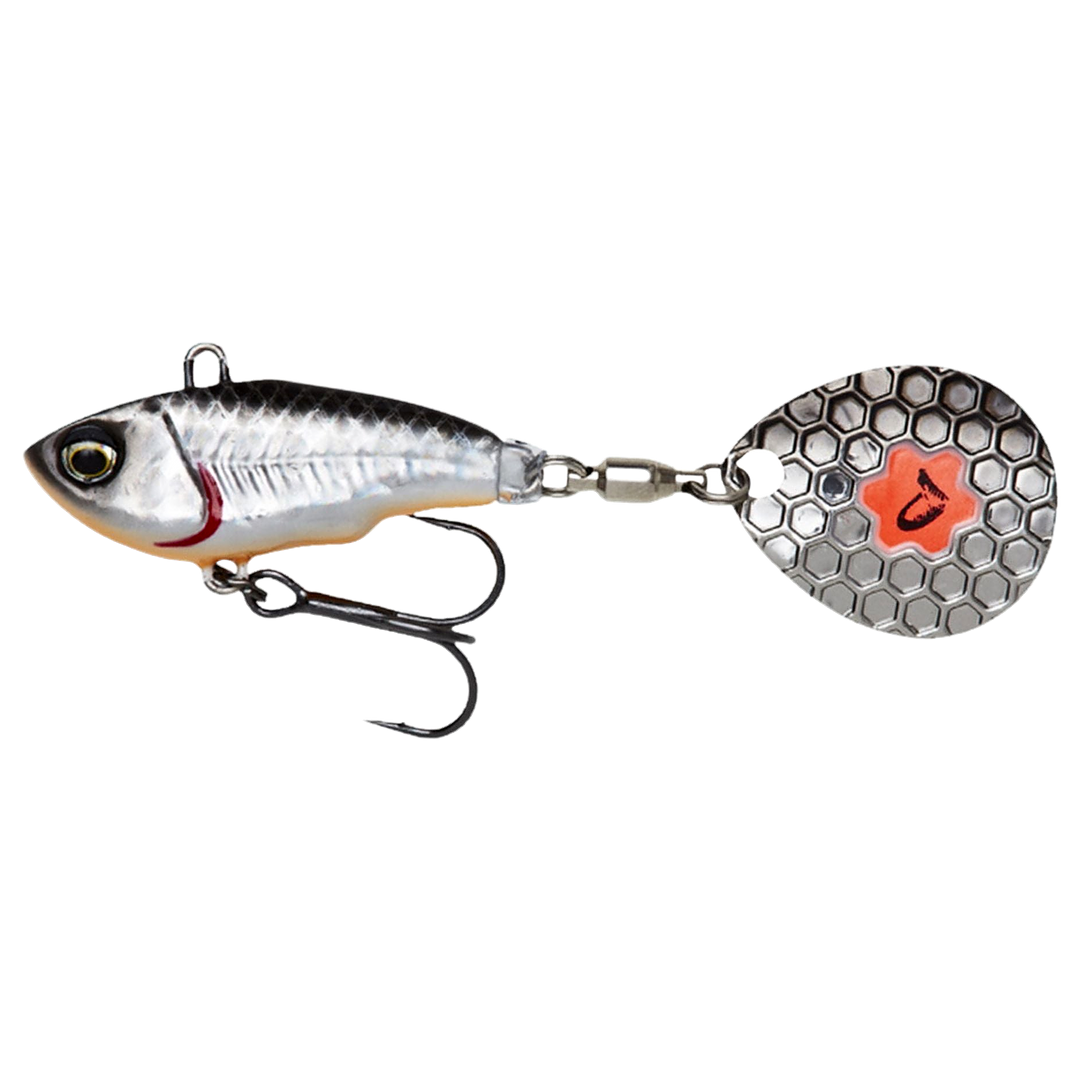 Savage Gear Fat Tail Spin 8cm 24g Dirty Silver sivulta, pää vasemmalla