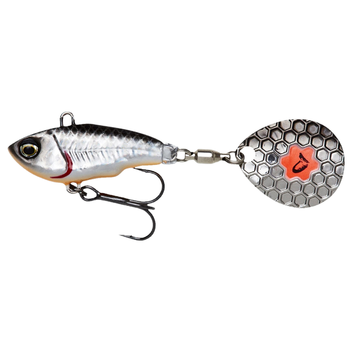 Savage Gear Fat Tail Spin 8cm 24g Dirty Silver sivulta, pää vasemmalla
