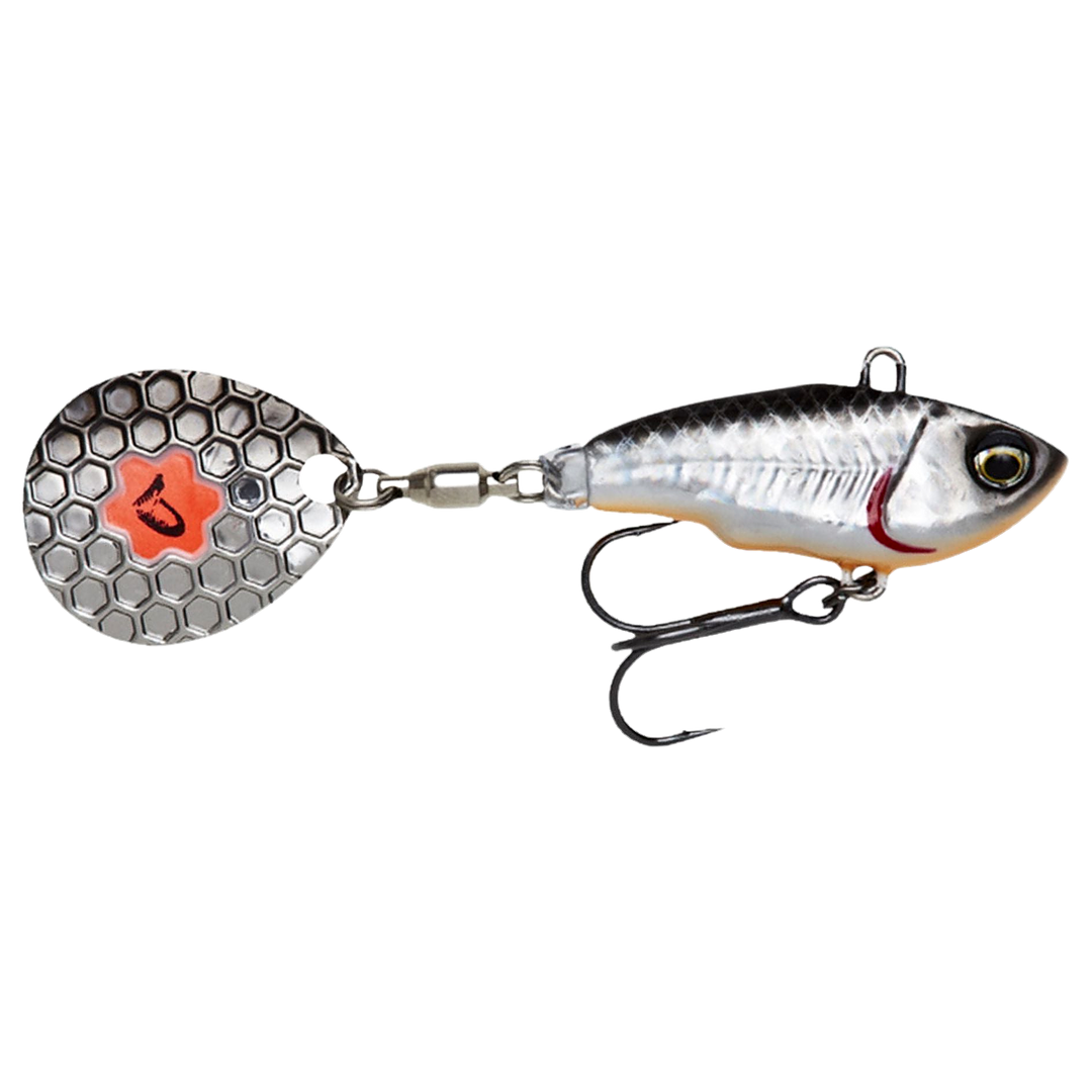 Savage Gear Fat Tail Spin 8cm 24g Dirty Silver sivulta, pää oikealla