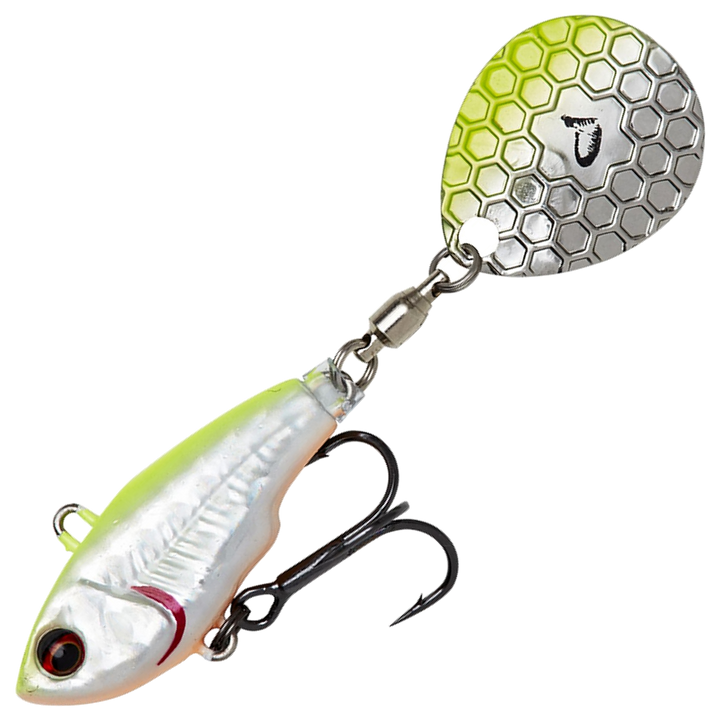 Savage Gear Fat Tail Spin 8cm 24g, väri Lemon Back Flash: kellanvihreä selkä, hopeinen kylki ja lippa