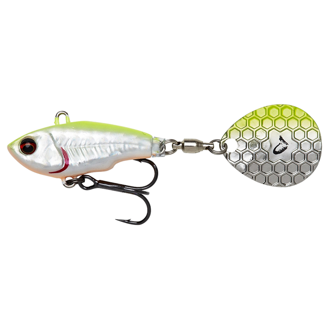 Savage Gear Fat Tail Spin 8cm 24g Lemon Back Flash sivulta, pää vasemmalla