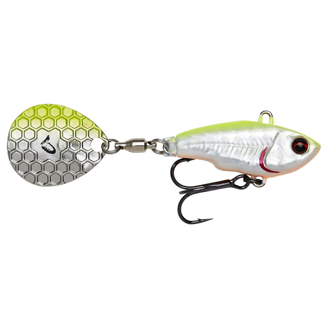 Savage Gear Fat Tail Spin 8cm 24g Lemon Back Flash sivulta, pää oikealla