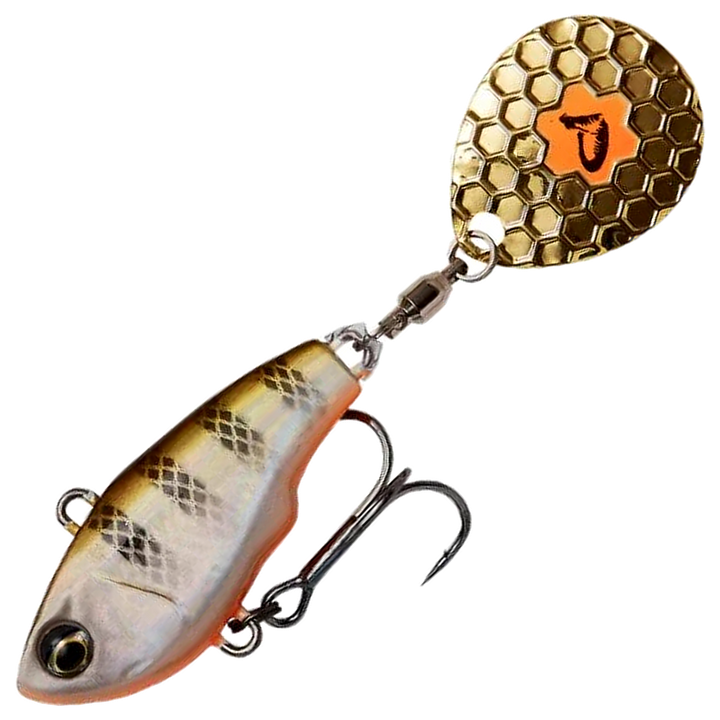 Savage Gear Fat Tail Spin 8cm 24g, väri Perch: ruskeat raidat, hopeinen kylki, oranssi vatsa ja kultainen lippa