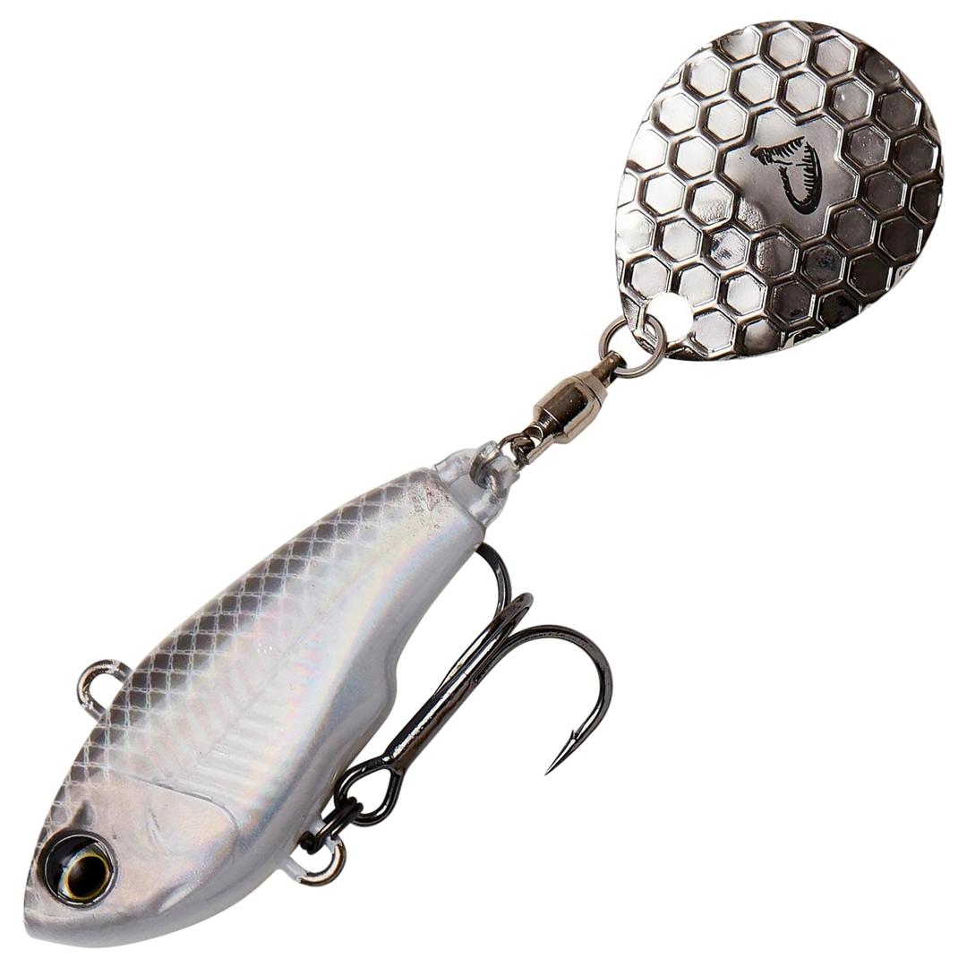 Savage Gear Fat Tail Spin 8cm 24g, väri White Silver: harmaa selkä, hopeinen kylki ja hopeinen lippa