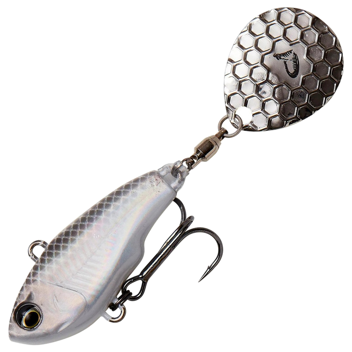 Savage Gear Fat Tail Spin 8cm 24g, väri White Silver: harmaa selkä, hopeinen kylki ja hopeinen lippa