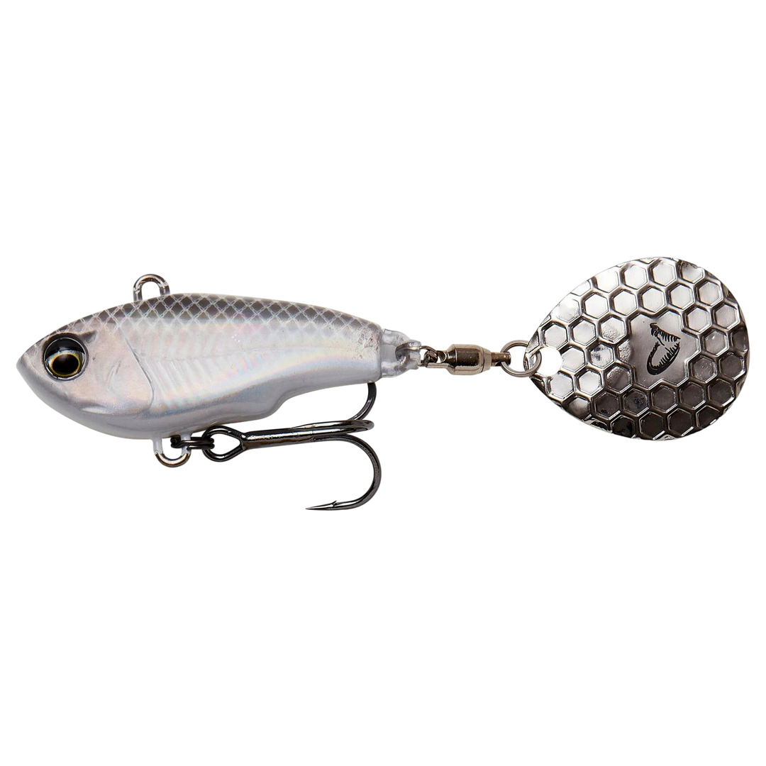 Savage Gear Fat Tail Spin 8cm 24g White Silver sivulta, pää vasemmalla