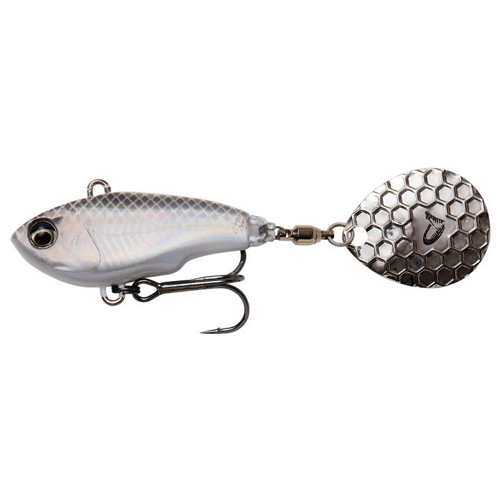 Savage Gear Fat Tail Spin 8cm 24g White Silver sivulta, pää vasemmalla