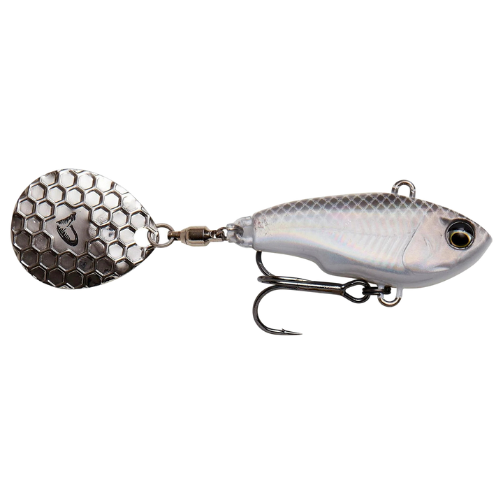 Savage Gear Fat Tail Spin 8cm 24g White Silver sivulta, pää oikealla