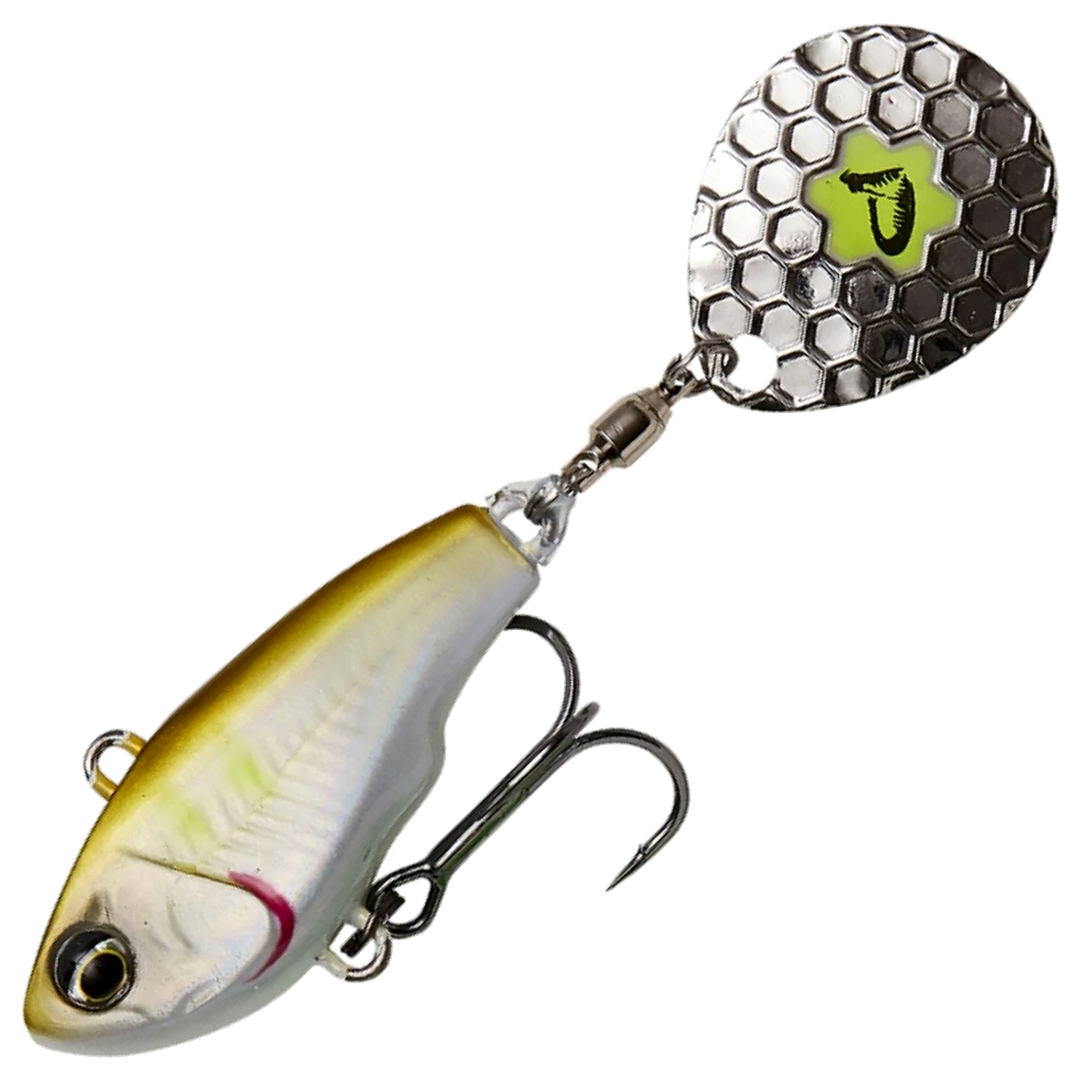 Savage Gear Fat Tail Spin NL (lyijytön) 6.5cm 12.5g, väri Ayu: kellertävä selkä, valkoinen kylki ja hopeinen lippa