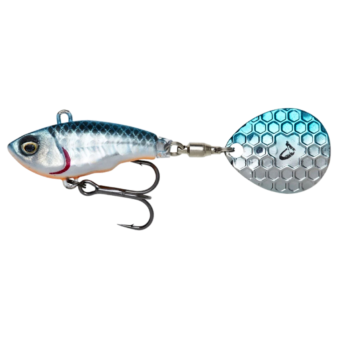 Savage Gear Fat Tail Spin NL (lyijytön) 6.5cm 12.5g Blue Silver sivulta, pää vasemmalla