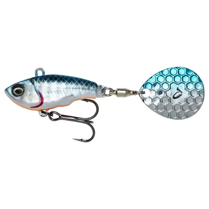 Savage Gear Fat Tail Spin NL (lyijytön) 6.5cm 12.5g Blue Silver sivulta, pää vasemmalla