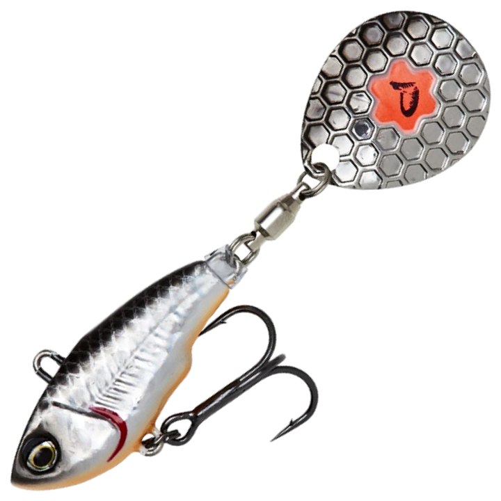 Savage Gear Fat Tail Spin NL (lyijytön) 6.5cm 12.5g, väri Dirty Silver: musta selkä, hopeinen kylki ja hopeinen lippa