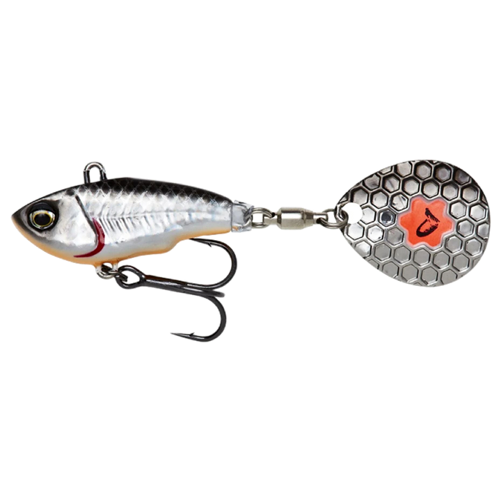 Savage Gear Fat Tail Spin NL (lyijytön) 6.5cm 12.5g Dirty Silver sivulta, pää vasemmalla