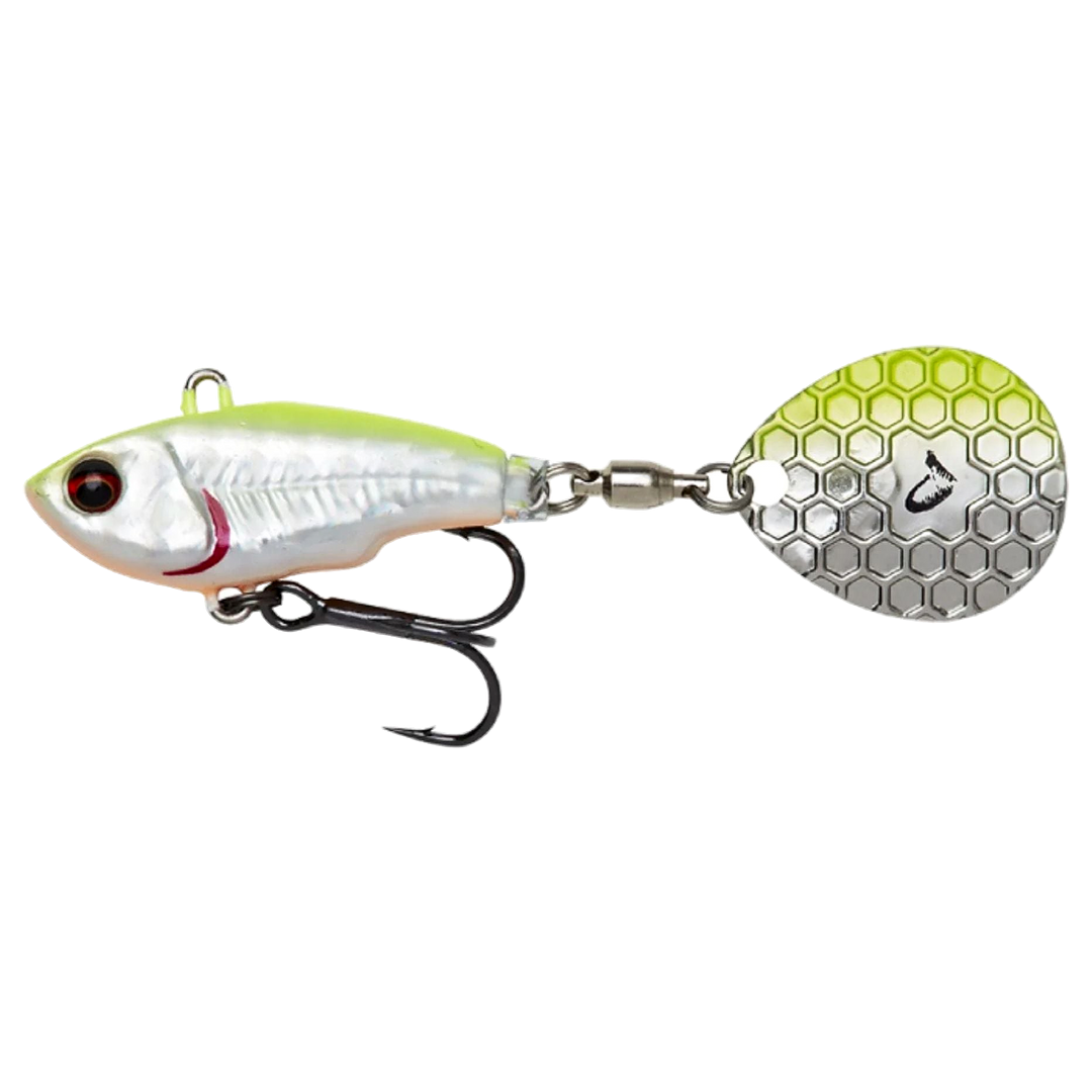 Savage Gear Fat Tail Spin NL (lyijytön) 6.5cm 12.5g Lemon Back Flash sivulta, pää vasemmalla