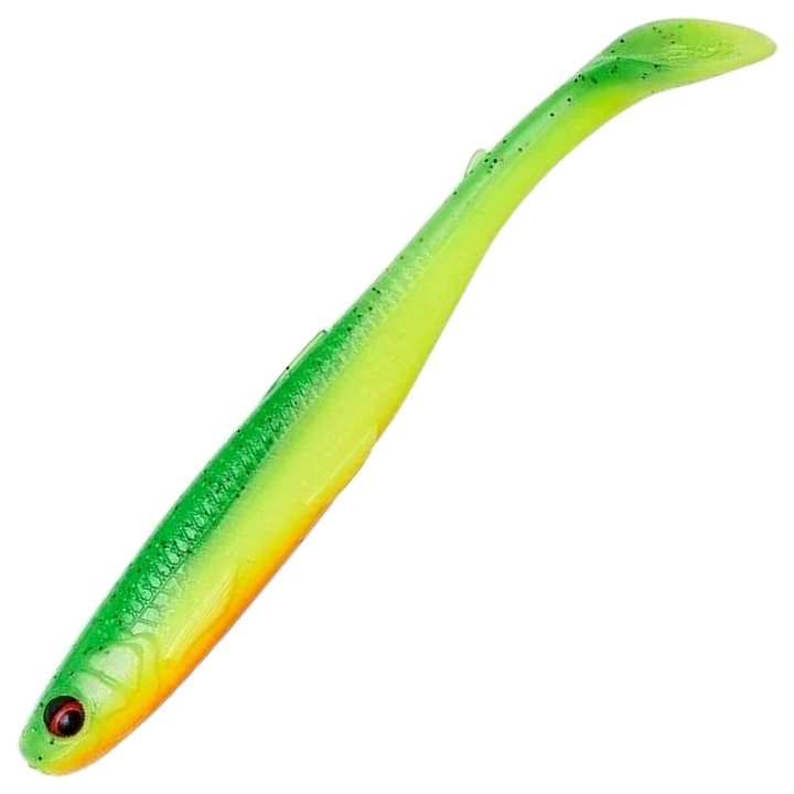 Savage Gear Slender Scoop Shad Jigi 11cm, väri Green Yellow (GY): vihreä selkä, keltainen kylki ja oranssi vatsa