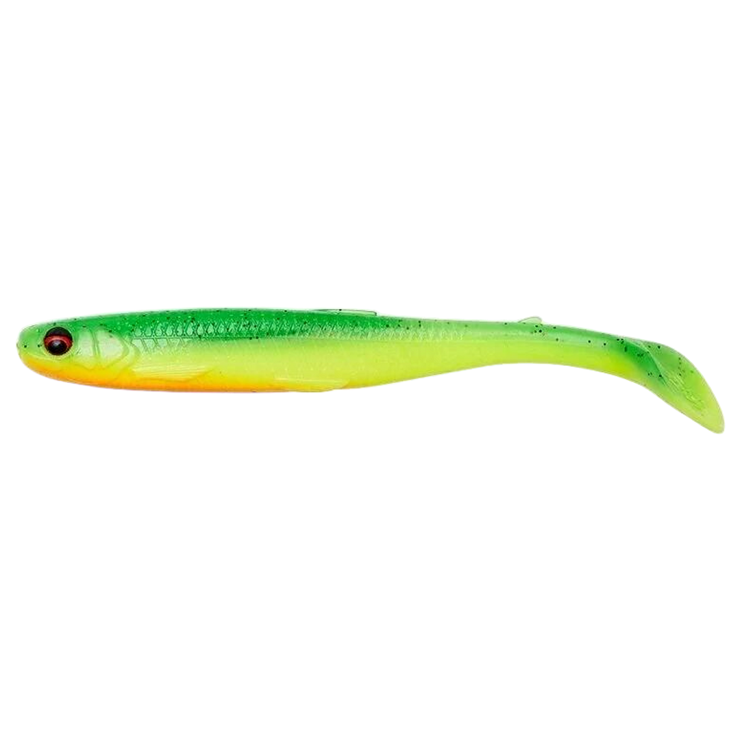 Savage Gear Slender Scoop Shad Jigi 11cm Green Yellow (GY) sivulta, pää vasemmalla