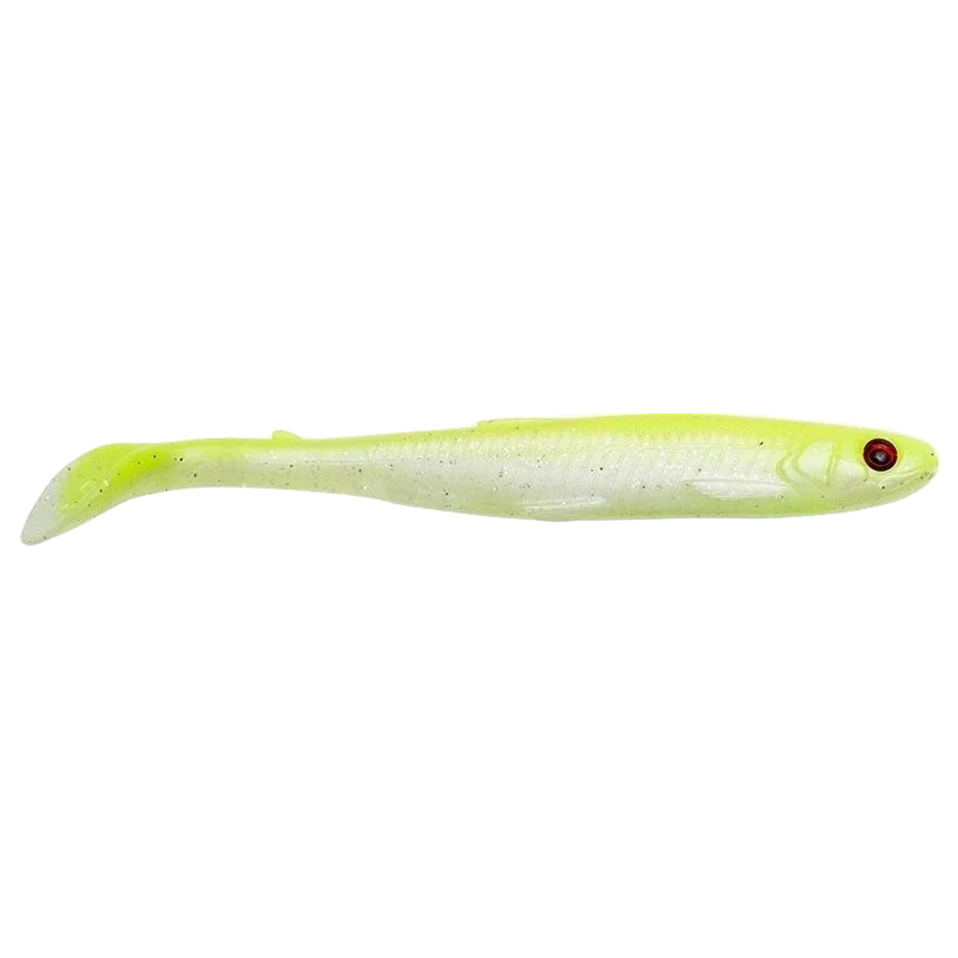 Savage Gear Slender Scoop Shad Jigi 11cm Lemon Back (LB) sivulta, pää oikealla