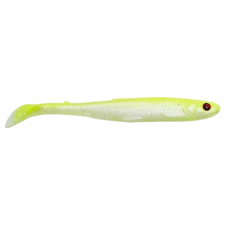 Savage Gear Slender Scoop Shad Jigi 11cm Lemon Back (LB) sivulta, pää oikealla