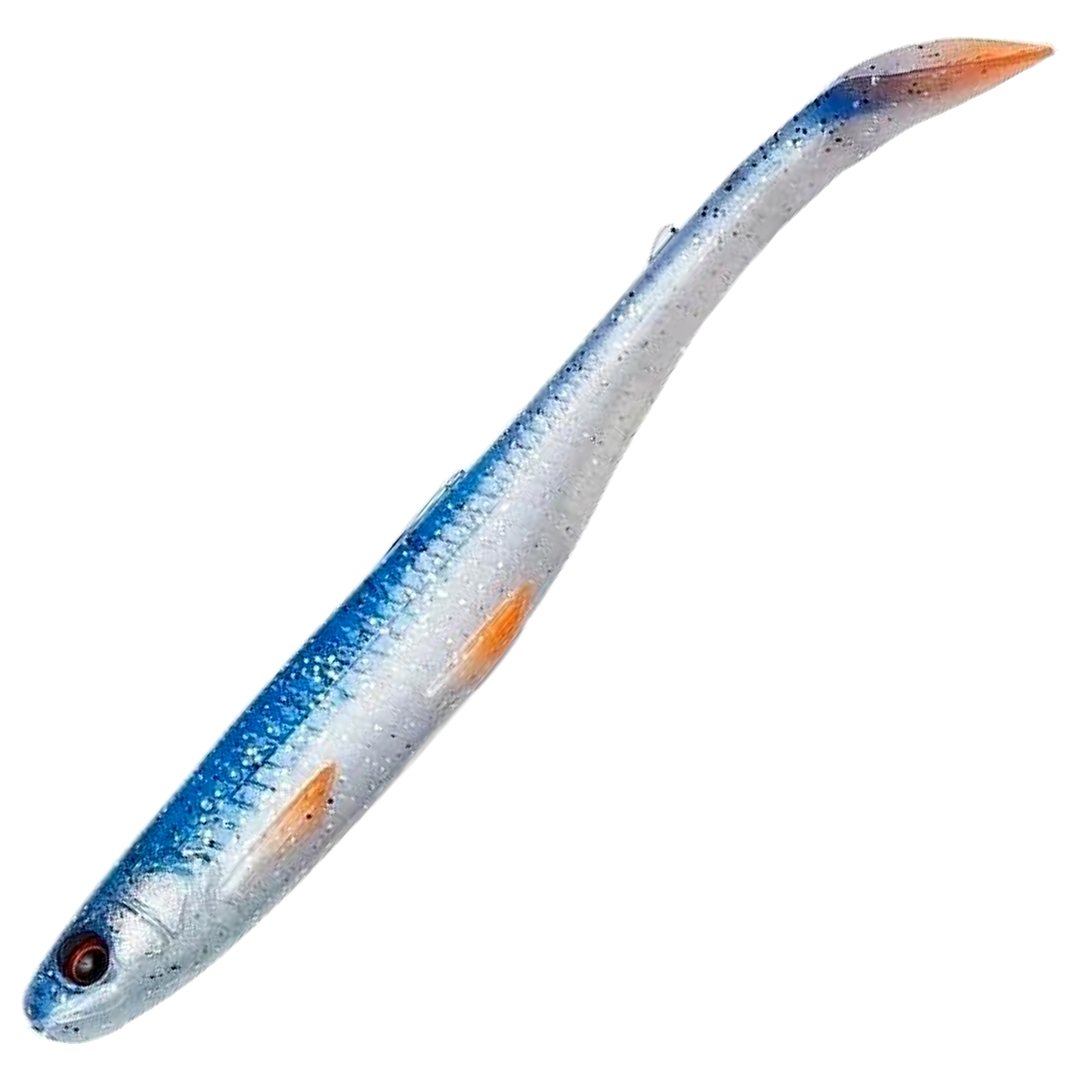Savage Gear Slender Scoop Shad Jigi 11cm, väri Roach: sininen selkä, hopeanvalkoinen kylki ja punertava pyrstö