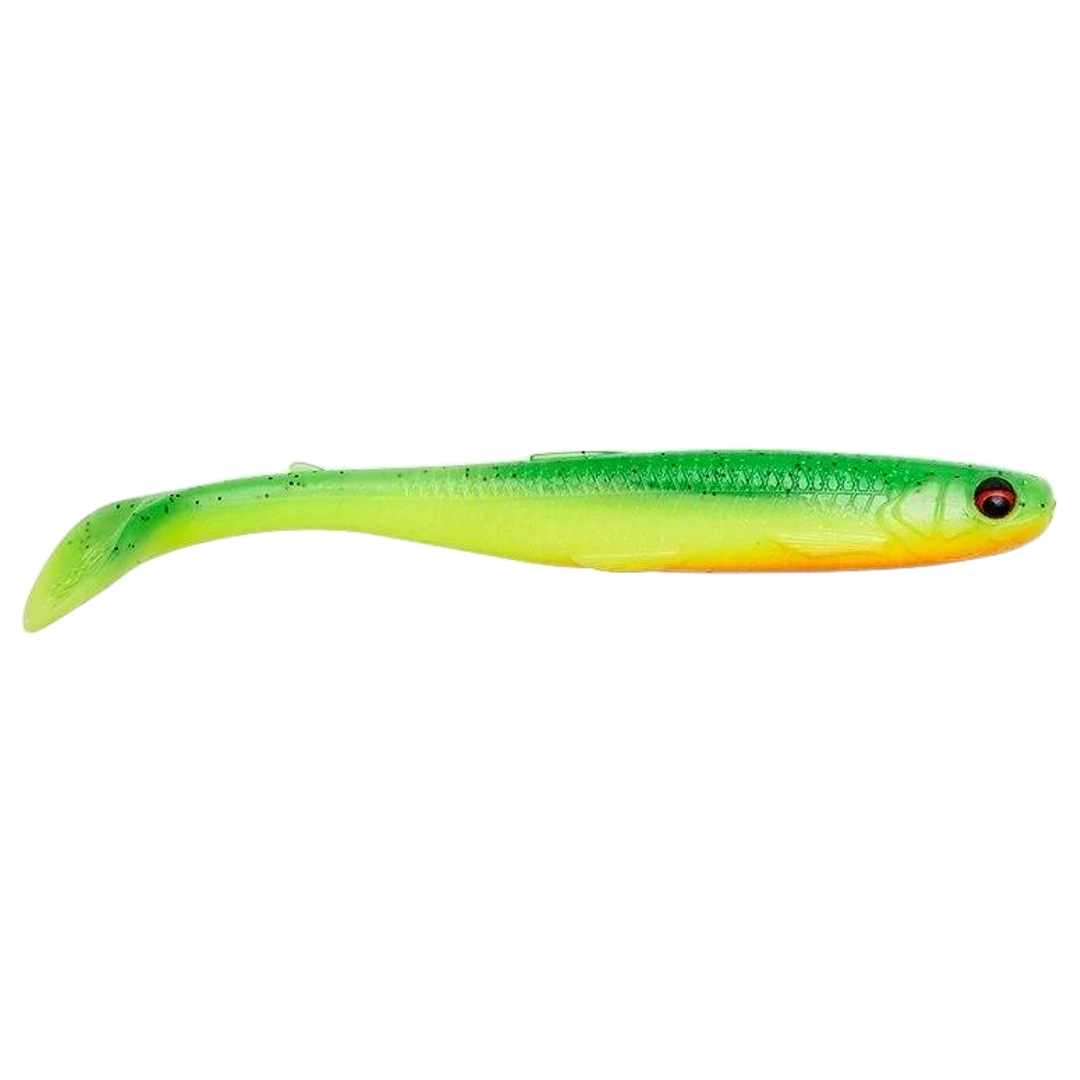 Savage Gear Slender Scoop Shad Jigi 9cm Green Yellow (GY) sivulta, pää oikealla