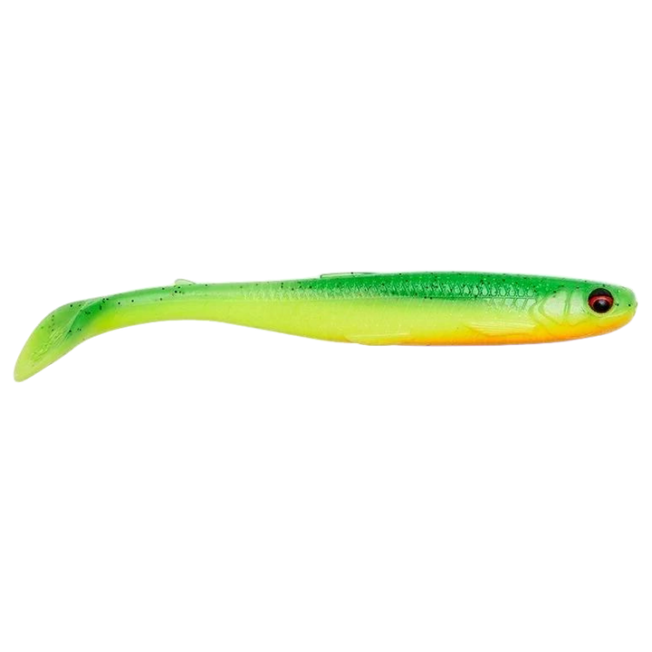 Savage Gear Slender Scoop Shad Jigi 9cm Green Yellow (GY) sivulta, pää oikealla