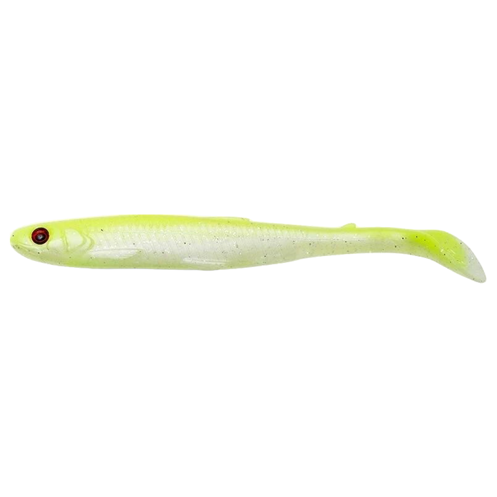 Savage Gear Slender Scoop Shad Jigi 9cm Lemon Back (LB) sivulta, pää vasemmalla