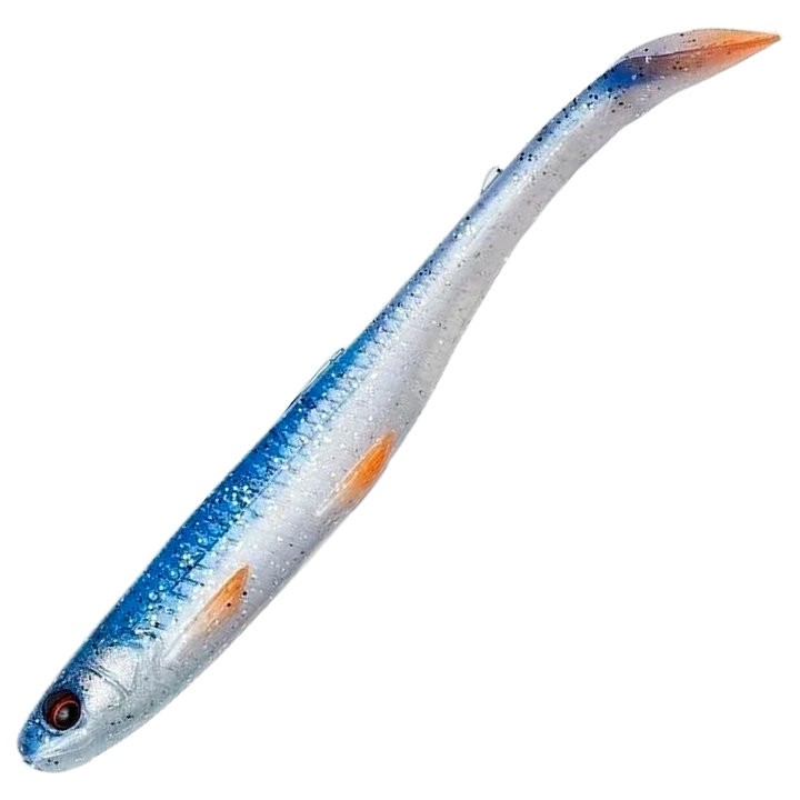 Savage Gear Slender Scoop Shad Jigi 9cm, väri Roach: sininen selkä, hopeanvalkoinen kylki ja punertava pyrstö