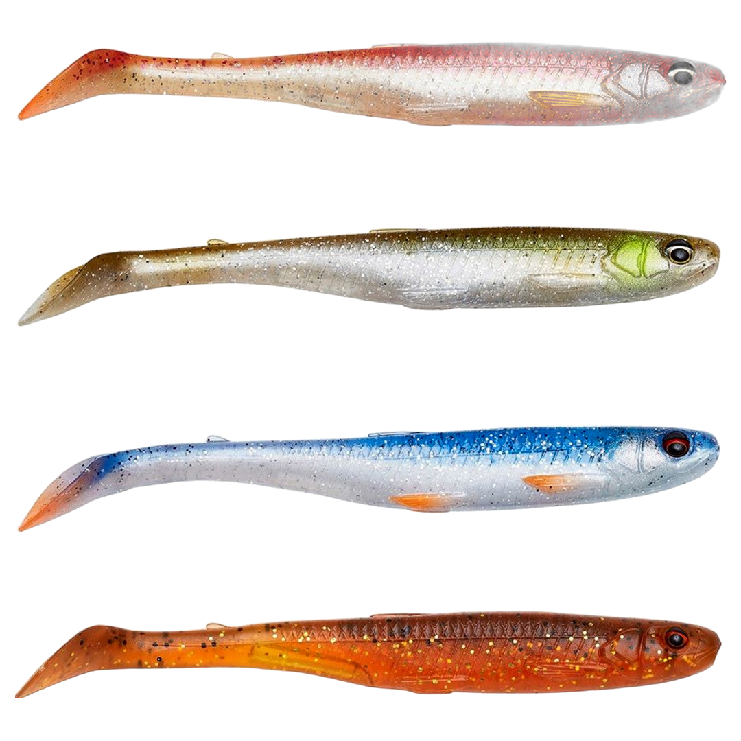 Savage Gear Slender Scoop Shad Jigi 9cm Clear Water Mix sivulta, pää oikealla