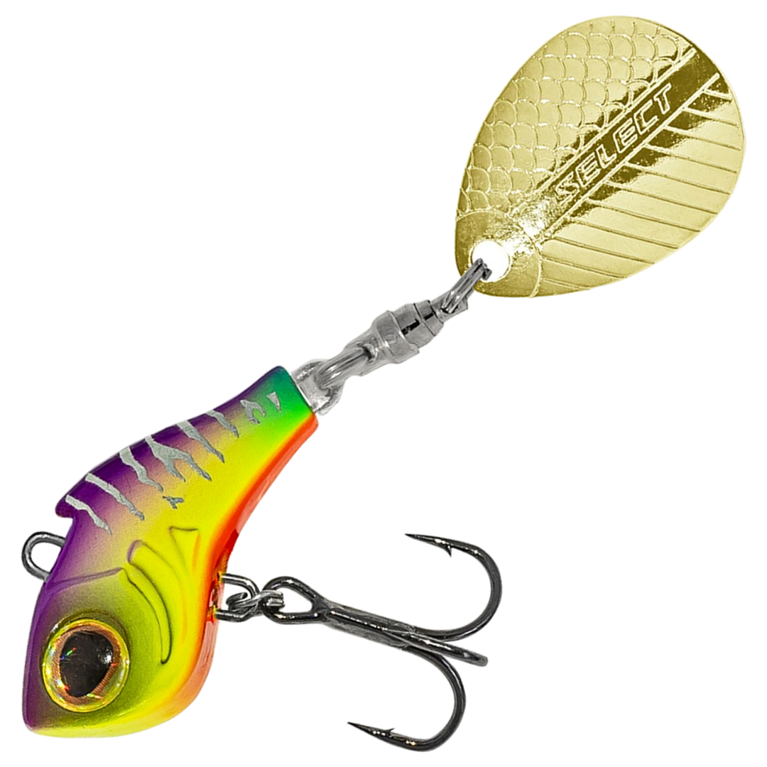 Select Turbo II Spintail 10g, väri 03: violetti selkä, kellanvihreä kylki ja kultainen lippa