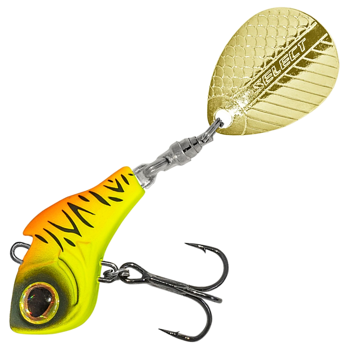 Select Turbo II Spintail 10g, väri 05: keltainen runko, oranssi selkä, mustat raidat ja kultainen lippa
