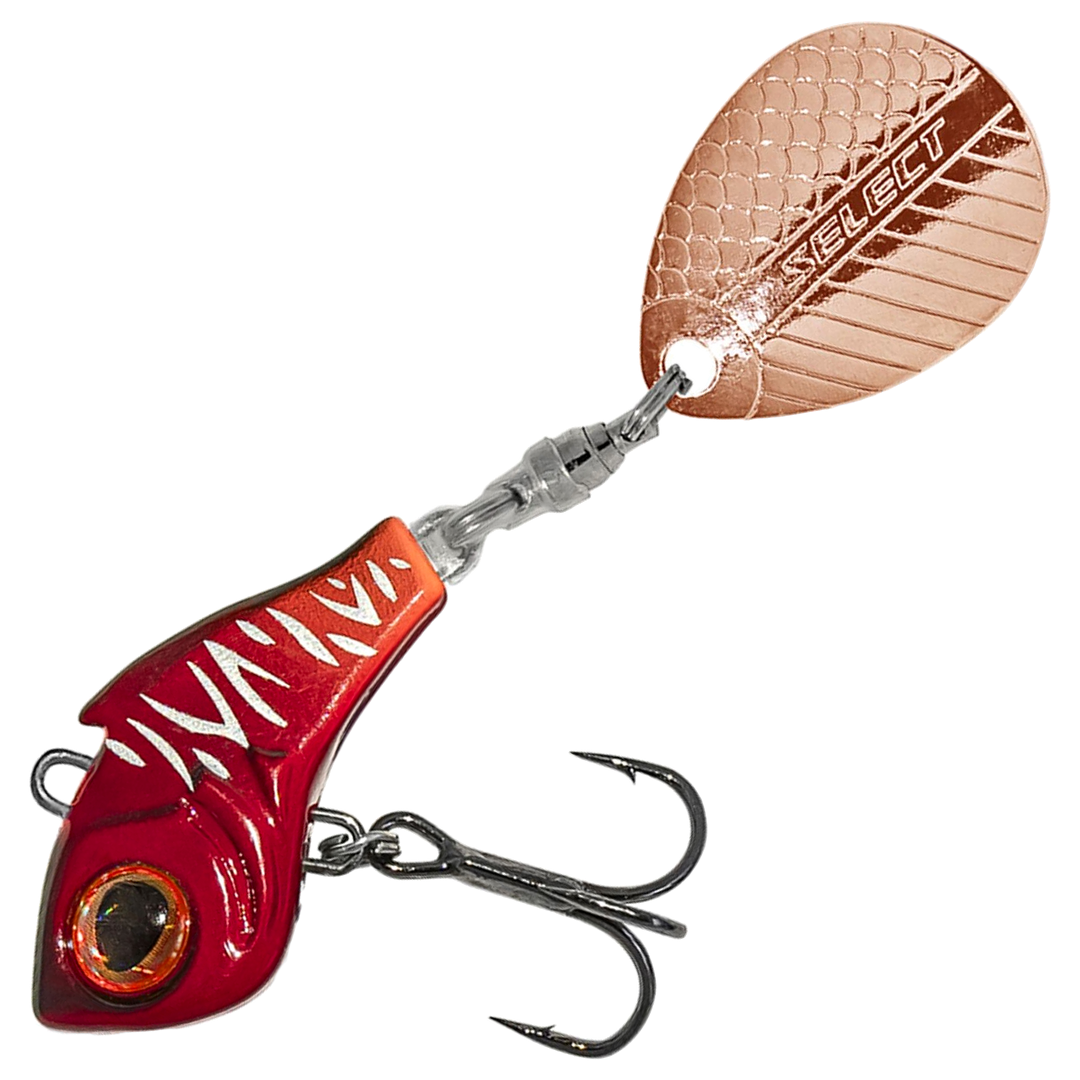 Select Turbo II Spintail 10g, väri 06: tummanpunainen runko, valkoiset raidat ja kuparinen lippa