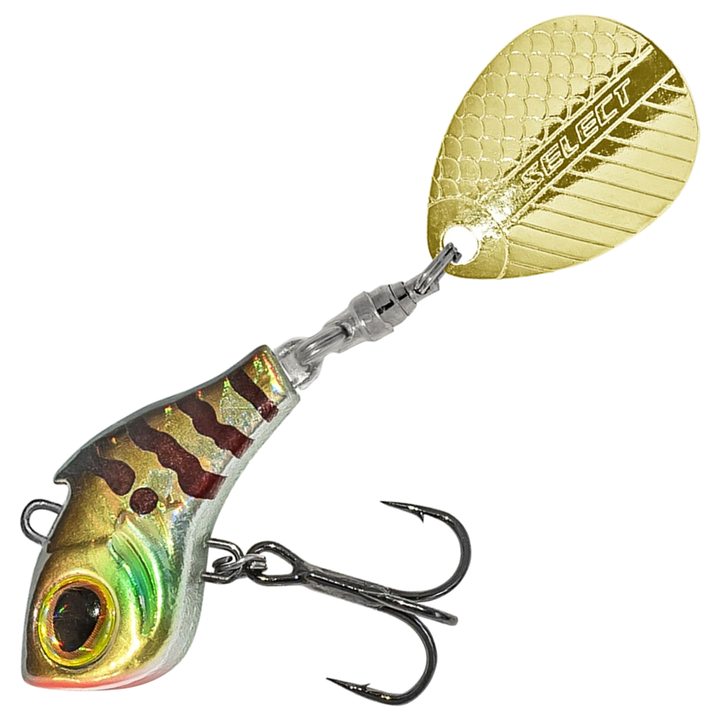 Select Turbo II Spintail 10g, väri 13: ruskea selkä, tummanpunaiset raidat, hopeinen kylki ja kultainen lippa