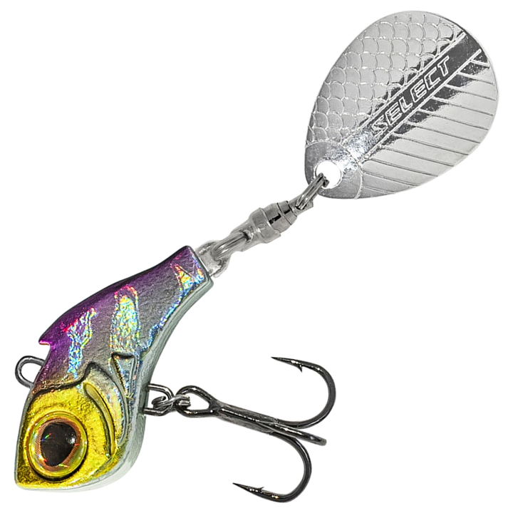 Select Turbo II Spintail 13g, väri 08: kullankeltainen pää, violetti selkä, hopeinen kylki ja hopeinen lippa