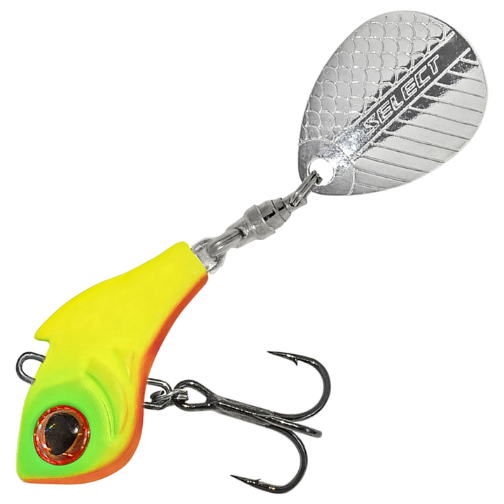 Select Turbo II Spintail 17g, väri 01: keltainen runko, vihreä otsa, oranssi leuka ja hopeinen lippa