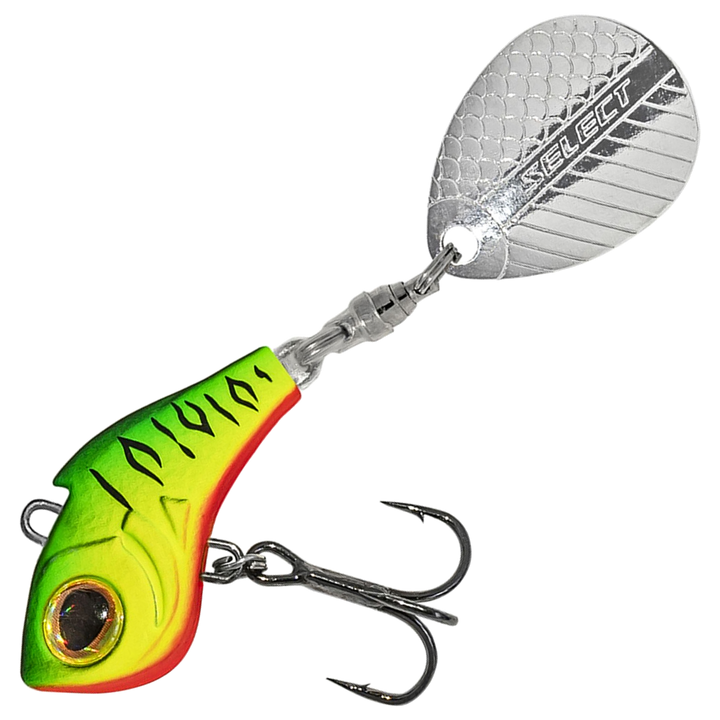 Select Turbo II Spintail 17g, väri 02: vihreä selkä, mustat raidat, keltainen kylki ja hopeinen lippa