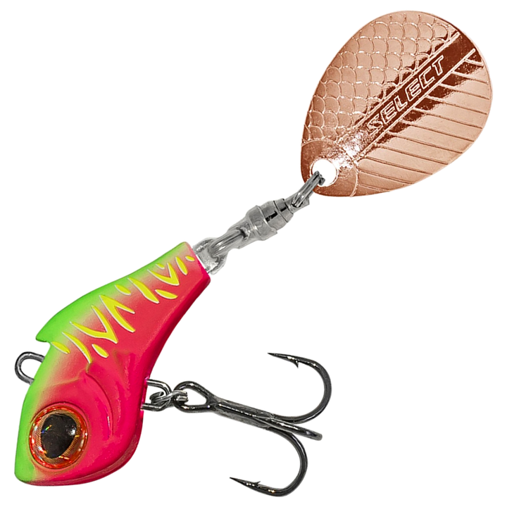 Select Turbo II Spintail 17g, väri 04: vihreä selkä, keltaiset raidat, pinkki runko ja kuparinen lippa