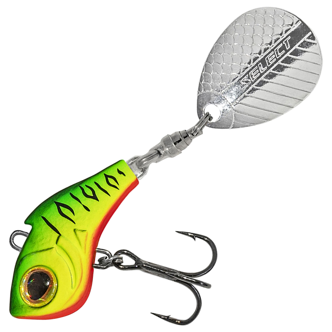 Select Turbo II Spintail 7g, väri 02: vihreä selkä, mustat raidat, keltainen kylki ja hopeinen lippa