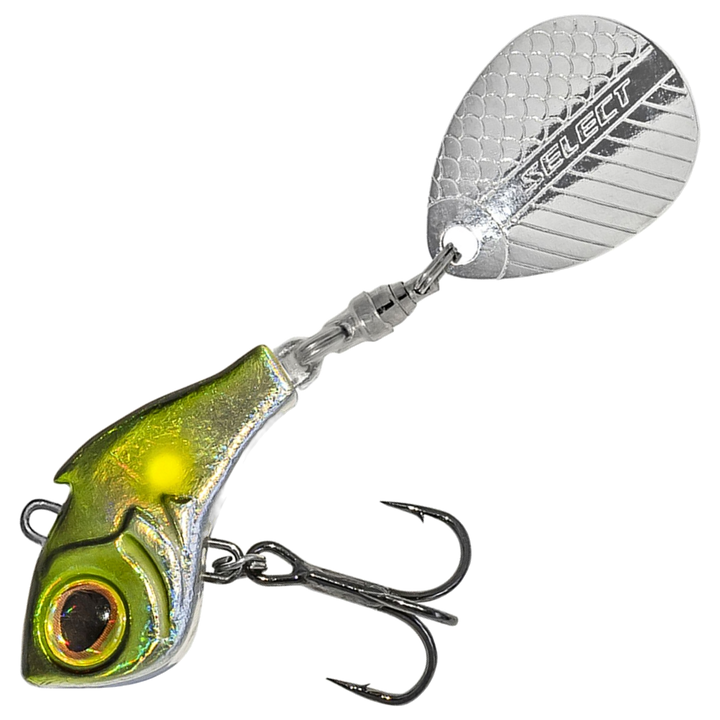 Select Turbo II Spintail 7g, väri 09: oliivinvihreä runko, hopeinen kylki ja hopeinen lippa