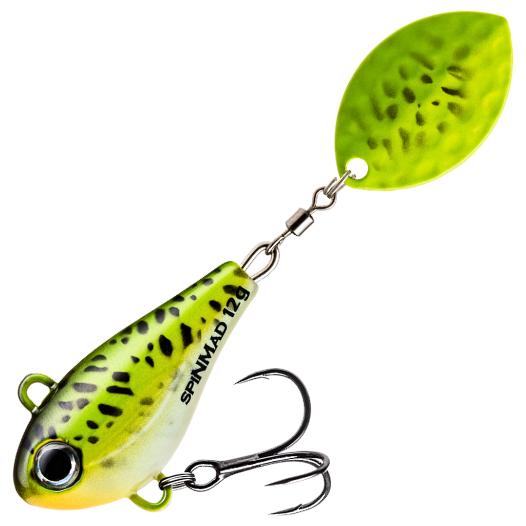 Spinmad Jigmaster Spintail 12g, väri 1409: kellanvihreä runko, mustat pilkut ja kellanvihreä lippa