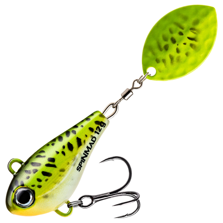 Spinmad Jigmaster Spintail 12g, väri 1409: kellanvihreä runko, mustat pilkut ja kellanvihreä lippa