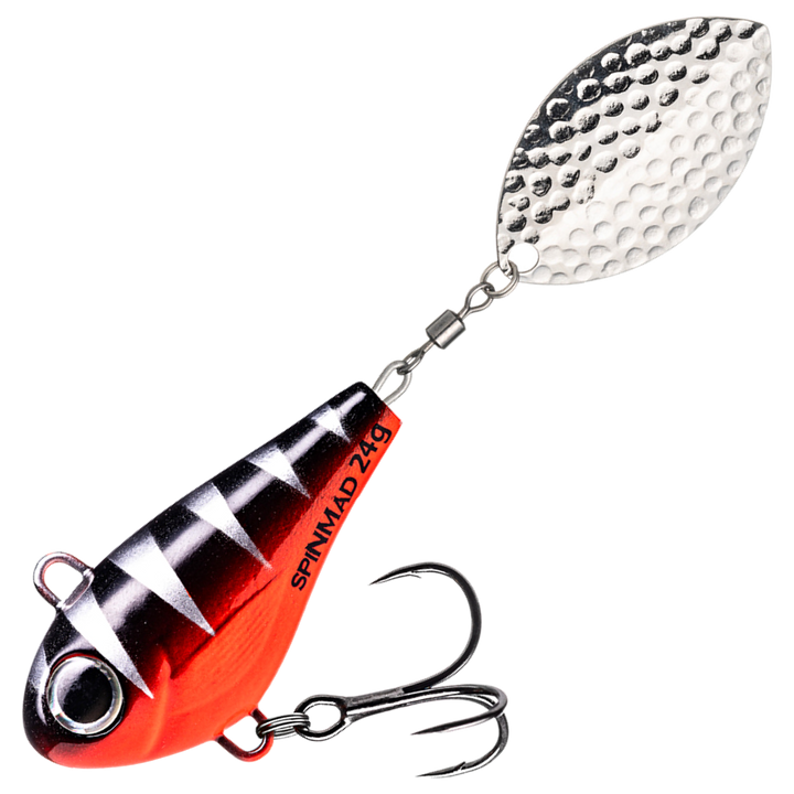 Spinmad Jigmaster Spintail 24g, väri 1510: musta selkä, valkoiset raidat, punainen vatsa ja hopeinen lippa