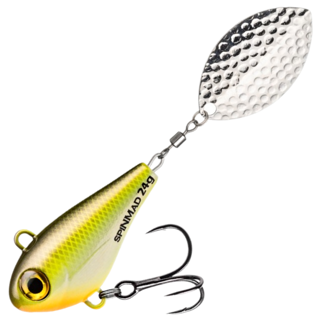 Spinmad Jigmaster Spintail 24g, väri 1514: oliivinvihreä selkä, kellertävä kylki ja hopeinen lippa