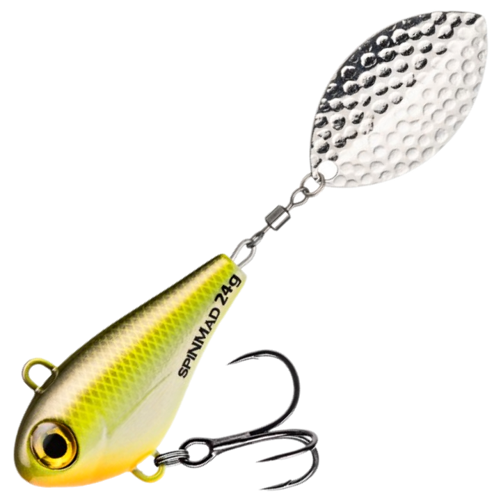 Spinmad Jigmaster Spintail 24g, väri 1514: oliivinvihreä selkä, kellertävä kylki ja hopeinen lippa
