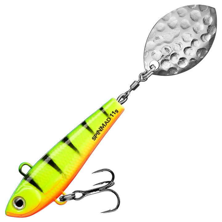 Spinmad Pro Spinner Spintail 11g, väri 2905: kellanvihreä runko, mustat raidat, oranssi vatsa ja hopeinen lippa