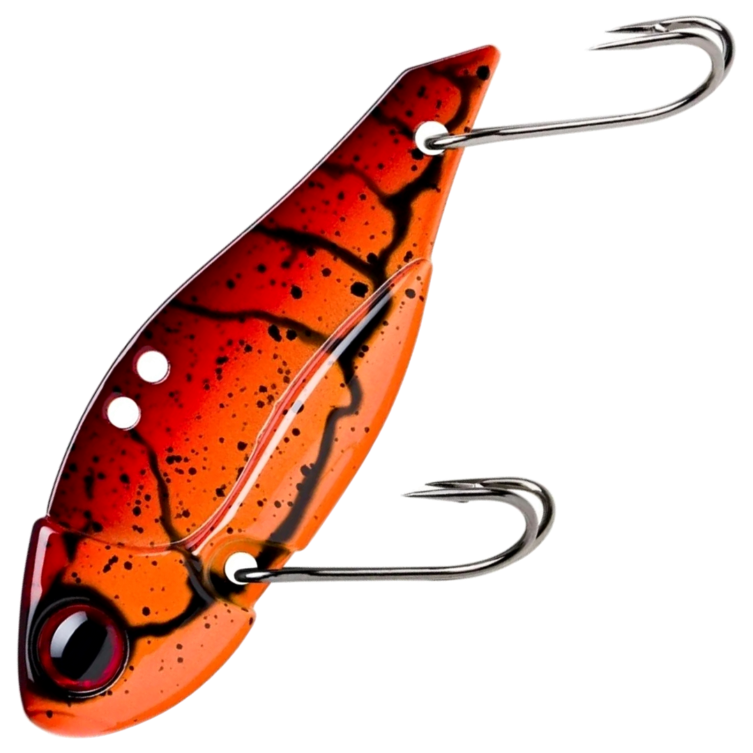 Storm Gomoku Ultra Blade 13g 5cm, väri Red Claw: punaoranssi runko, mustat kuviot ja pilkut