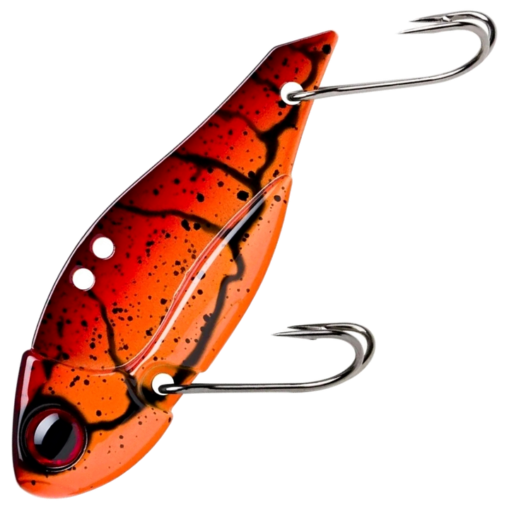 Storm Gomoku Ultra Blade 13g 5cm, väri Red Claw: punaoranssi runko, mustat kuviot ja pilkut