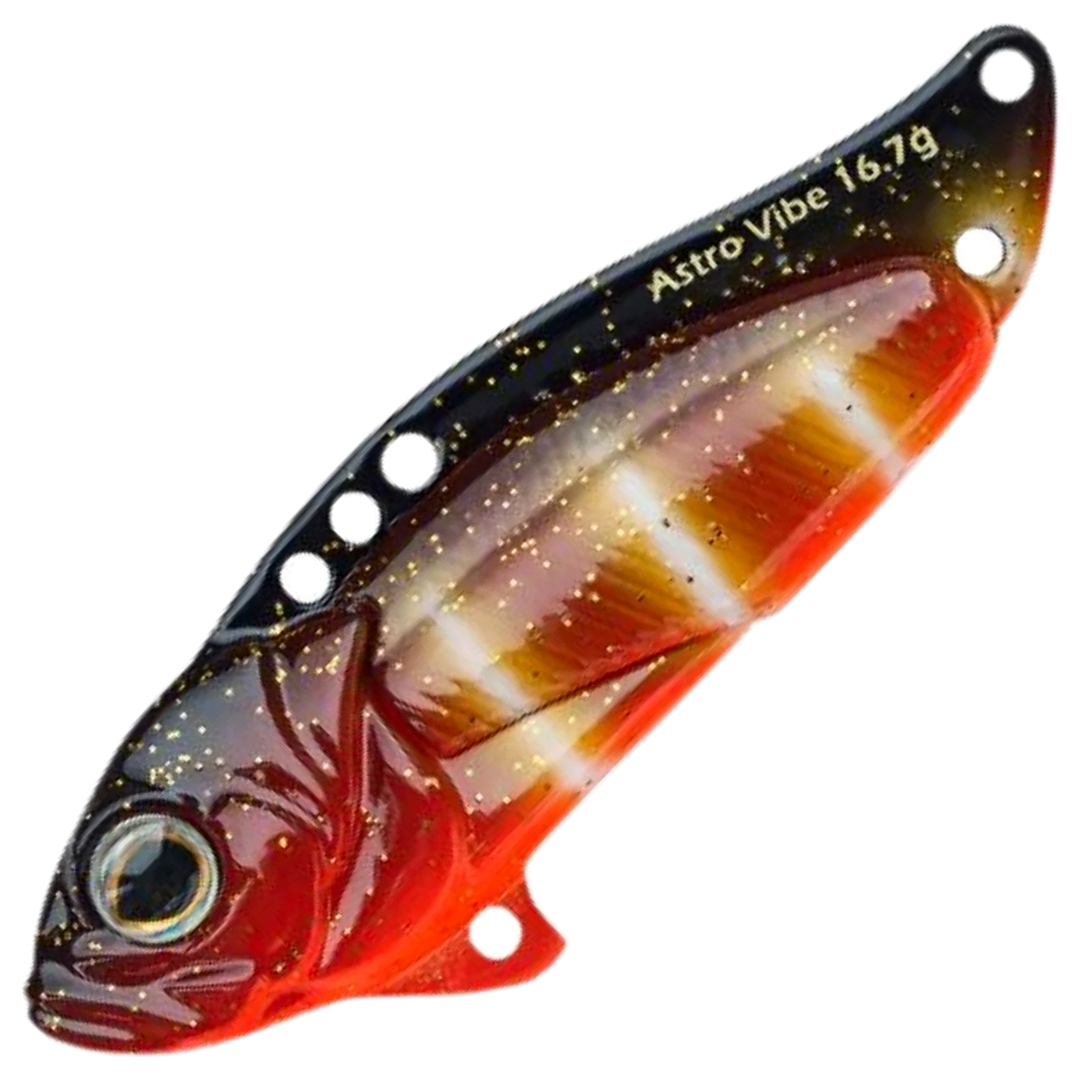 Strike Pro Astro Vibe UV Blade 16.7g 5.5cm, väri D96F: musta hileinen selkä, punaoranssi kylki ja valkoiset raidat