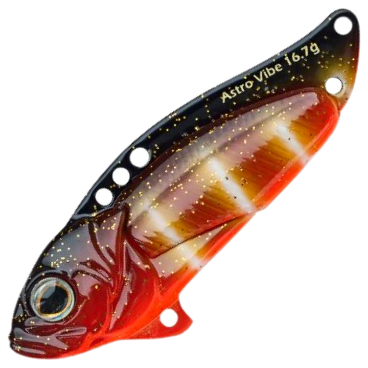 Strike Pro Astro Vibe UV Blade 16.7g 5.5cm, väri D96F: musta hileinen selkä, punaoranssi kylki ja valkoiset raidat