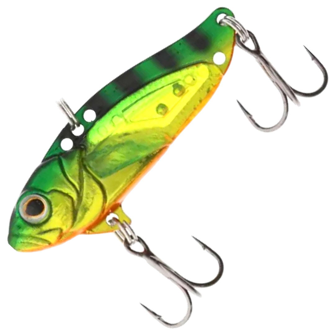 Strike Pro Astro Vibe UV Blade 16.7g 5.5cm, väri Firetiger: vihreä selkä, mustat raidat, keltainen kylki ja oranssi vatsa