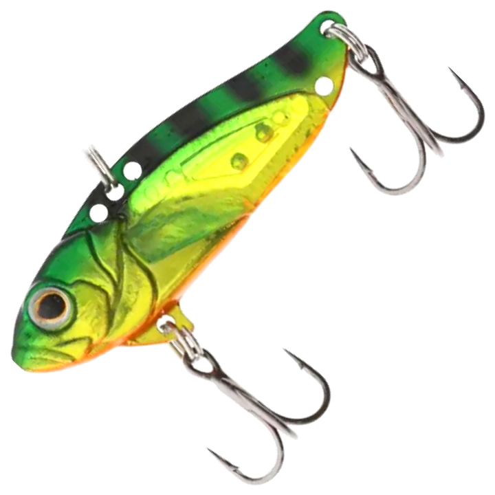 Strike Pro Astro Vibe UV Blade 16.7g 5.5cm, väri Firetiger: vihreä selkä, mustat raidat, keltainen kylki ja oranssi vatsa